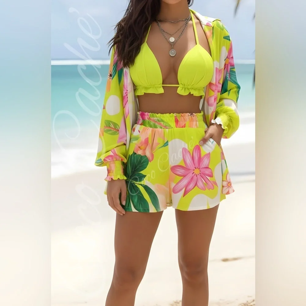 Vibrant Tropical Print Matching Shorts Shirt and Bikini Swimsuit Coverup. - Picture 3 of 14